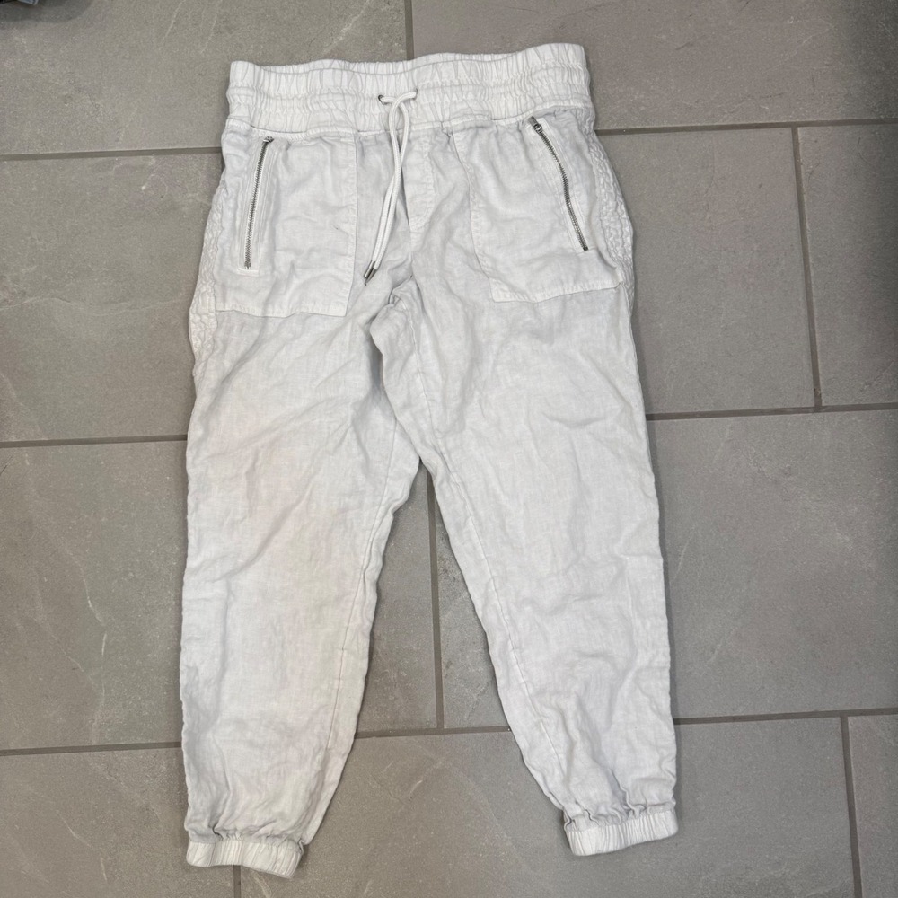 Athleta White Linen Joggers Petite 8P Drawstring Elastic Waist Zipper Pockets